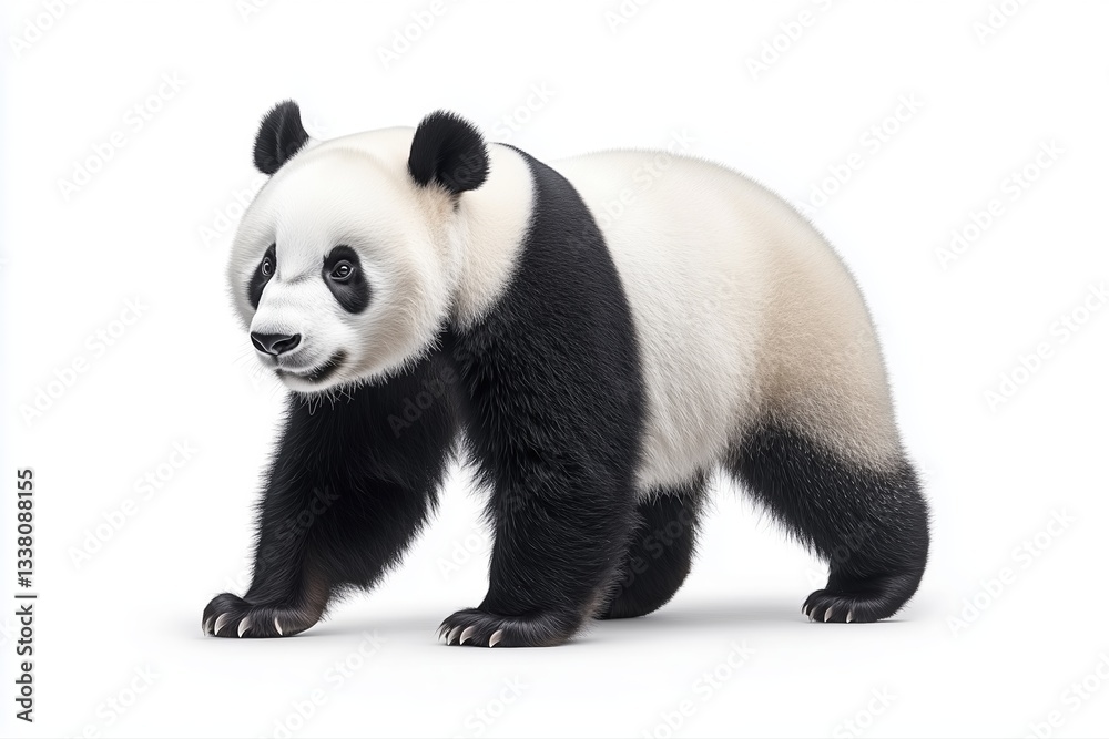 Fototapeta premium Giant panda standing with black and white fur on a white background. Endangered wildlife