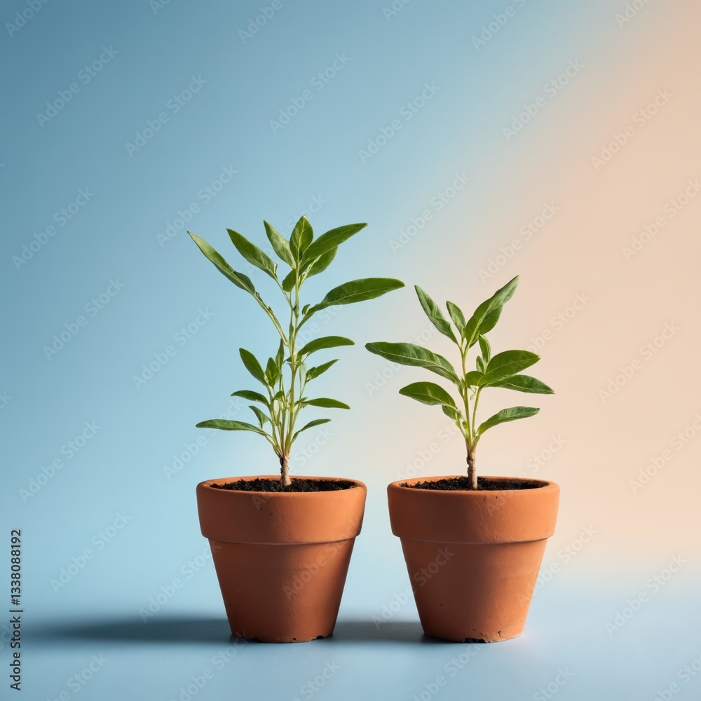 Two potted plants with green leaves on a gradient background Two potted plants with green leaves on a gradient background