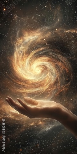 A luminous white hand gracefully hovers in the dark while casting a swirling, radiant golden galaxy into its palm space