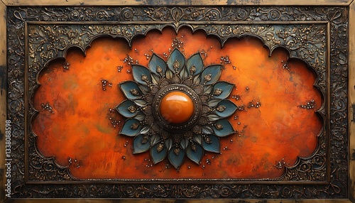 Ornate Floral Wall Panel with Gold Accents and Orange Gemstone