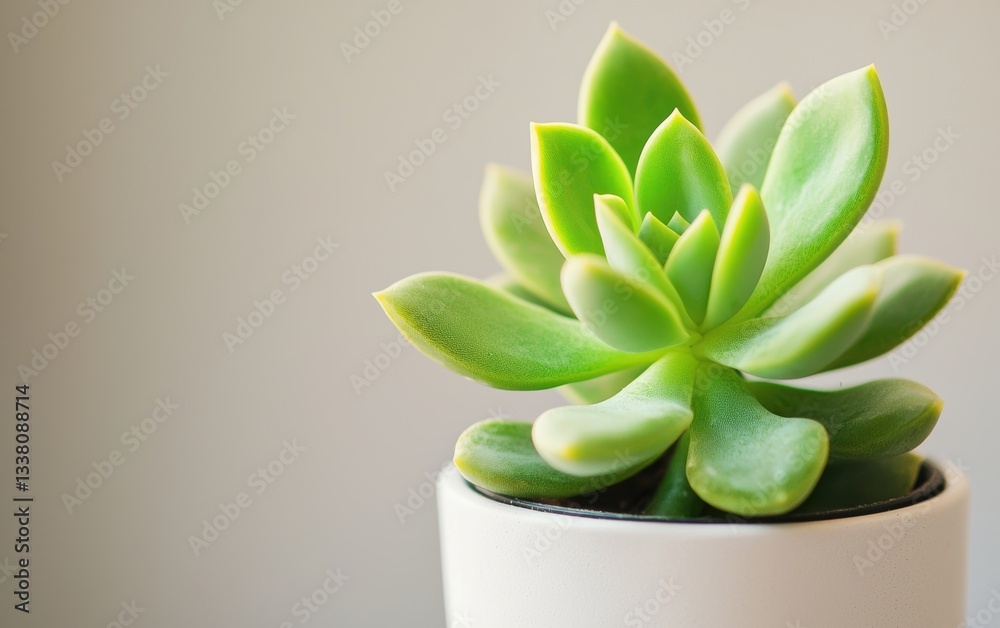 Fototapeta premium A small green plant grows in a simple white pot, adding a touch of nature indoors.