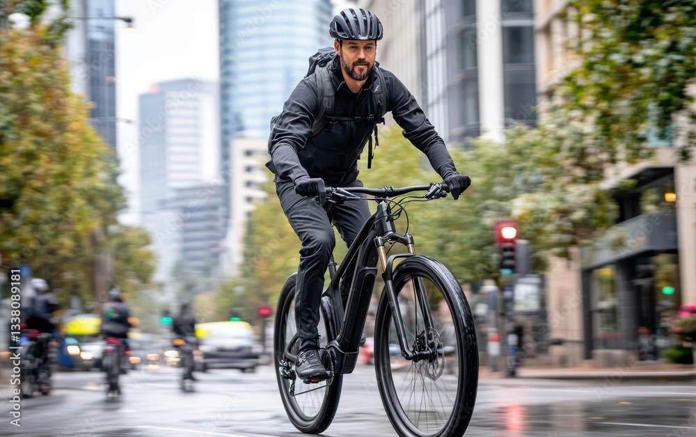 Obraz premium A man cycles down a rainy street, showcasing resilience against the weather.