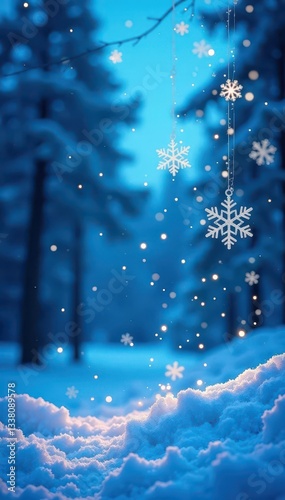 Deep blue winter scene, glittering snowflakes overlay , peaceful, snowflakes, sparkling