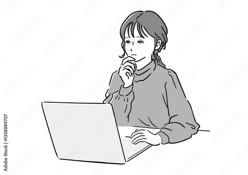 Thoughtful Woman Looking at Laptop – Business, Learning, and Remote Work Concept (Vector)