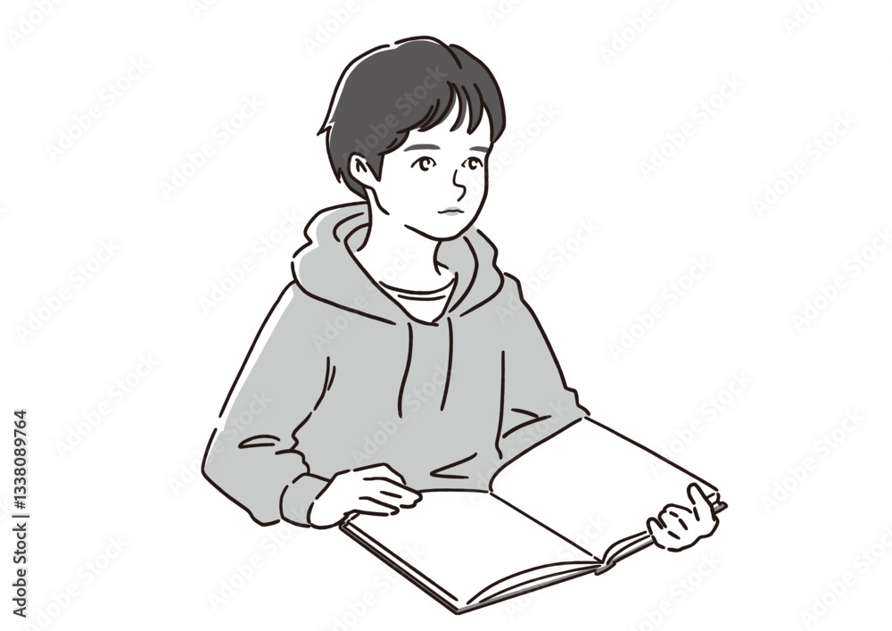 Boy Attending Class – Educational Illustration of a Student Reading a Textbook (Vector)