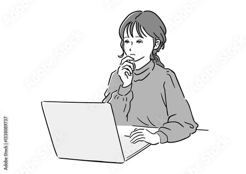 Obraz na płótnie Thoughtful Woman Looking at Laptop – Business, Learning, and Remote Work Concept (Vector) w salonie
