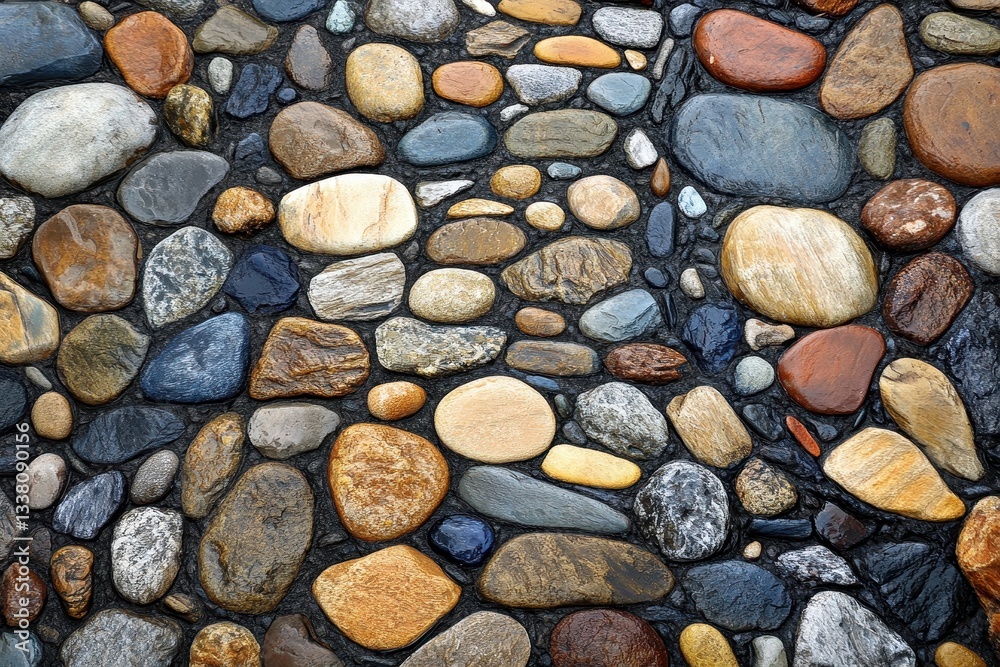 Smooth, wet river rocks fill the frame in varying earthy tones. Great for backgrounds, textures, or designs needing natural elements. Smooth, wet river rocks fill the frame in varying earthy tones. Great for backgrounds, textures, or designs needing natural elements.