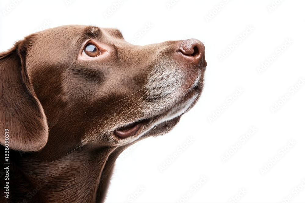 Chocolate Labrador Retriever gazing upward in profile. Trust and loyalty in dogs. Isolated on white background. Chocolate Labrador Retriever gazing upward in profile. Trust and loyalty in dogs. Isolated on white background.