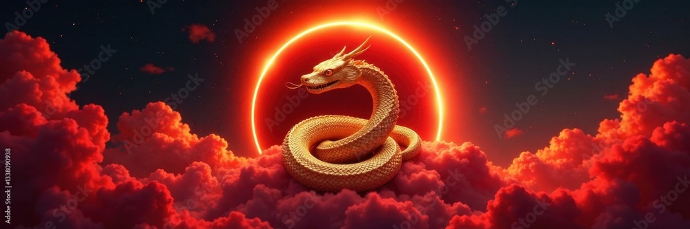 Fototapeta premium Golden serpent coiled in circular frame, red clouds , mythical, frame