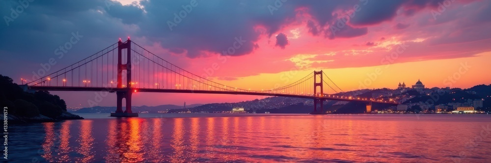 Majestic Bosphorus suspension bridge at sunset, travel, drone Majestic Bosphorus suspension bridge at sunset, travel, drone
