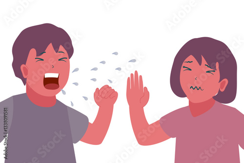 Educational Illustration: Sick Boy Coughing or Sneezing, Transmitting Infection to Nearby Girl – Health Awareness Material