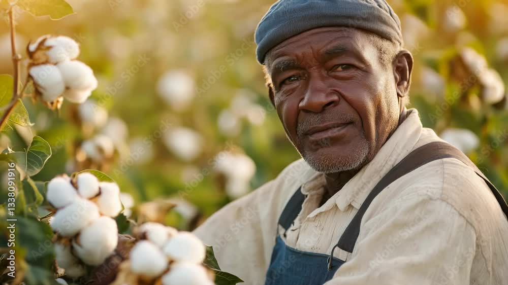 Under the warm sun, a skilled farmer methodically picks cotton bolls amidst lush green plants. The day's labor highlights tradition and dedication in agriculture.