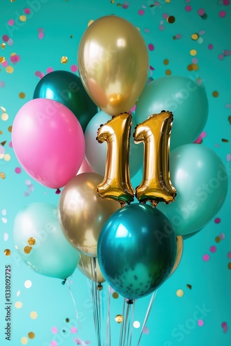 Colorful birthday balloons in shades of teal, pink, and gold, decorated with confetti, celebrating a special occasion, perfect for 11th birthday party imagery.