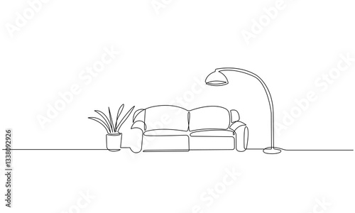 Living Room Interior Continuous One Line Drawing. Line Art Home. Hand Drawn Vector Art, Continuous One Line Drawing. Outline Drawing of Room Interior Minimalist Design Isolated on White Background.
