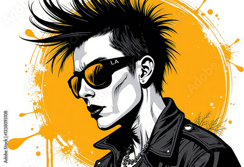 Punk rocker with mohawk and sunglasses against yellow background for rock festival promotions, band merchandise, World Rock n Roll Day events, and music blogs with copy space