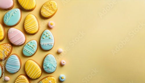 Easter background. Top view of Easter egg cookies glazed in pastel colors on pale yellow background. Generated image