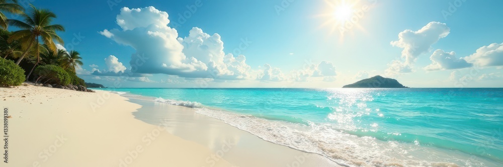 Fototapeta premium Sun-drenched sand, turquoise water, distant island silhouette , sky, clear water, caribbean
