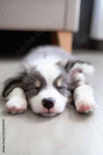 Australian shepherd puppy sleeps peacefully on a wooden floor, enjoying a moment of tranquility.