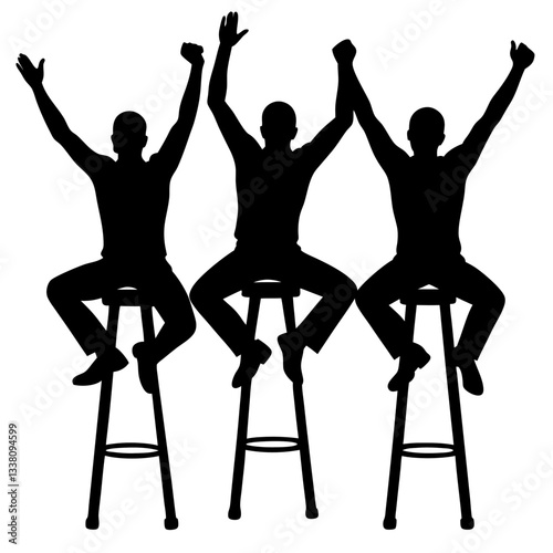 Silhouette of three men sitting on stools with their arms raised in the air, symbolizing celebration, excitement, or unity