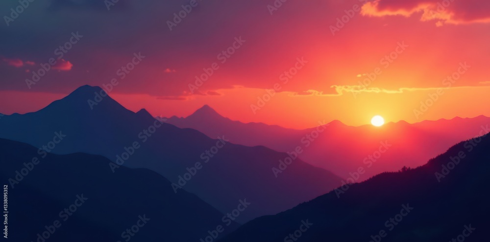 Obraz premium Sharp silhouettes of mountains bathed in sunrise's warm glow , warm, view