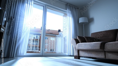 Sunlit Modern Living Room Interior Design  Cozy Sofa  Sliding Doors  Minimalist Decor