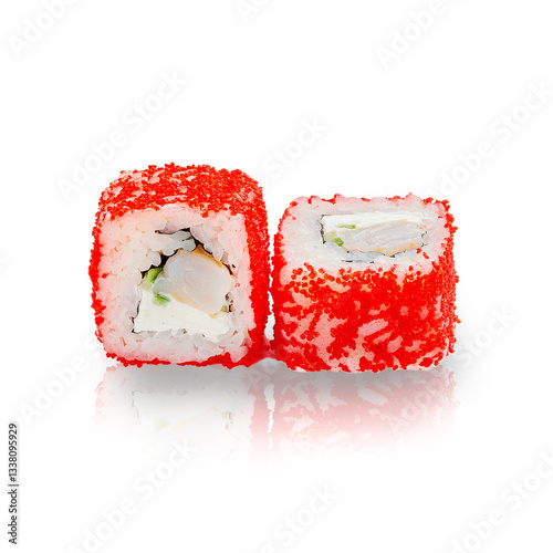 Japanese California roll with caviar, cucumber and cheese, on a white background, isolated.