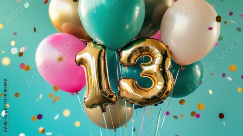 Colorful balloons with gold number 13, festive party celebration, birthday decoration, cheerful ambiance, milestone event, birthday party, confetti backdrop.