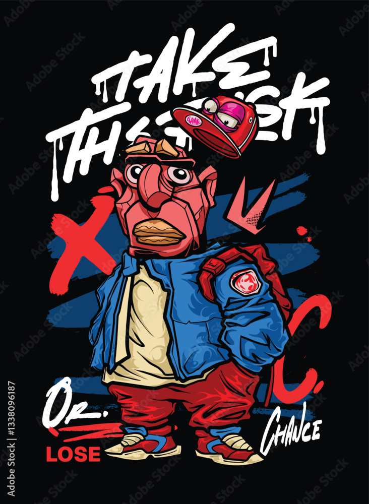 A bold and edgy graffiti-style vector artwork featuring a streetwear-inspired character. The hand-drawn details, vibrant color palette, and modern urban aesthetic make it perfect for T-shirt designs, A bold and edgy graffiti-style vector artwork featuring a streetwear-inspired character. The hand-drawn details, vibrant color palette, and modern urban aesthetic make it perfect for T-shirt designs,