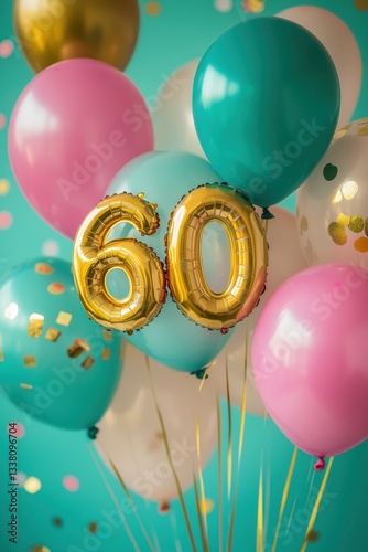 Colorful balloons with gold 60 sign, festive birthday celebration, party decorations, milestone achievement, vibrant background, joyful atmosphere, party planning.