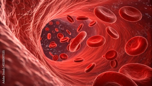 Lower Blood Pressure concept, Blood cells flowing through a blood vessel in a detailed scientific illustration.