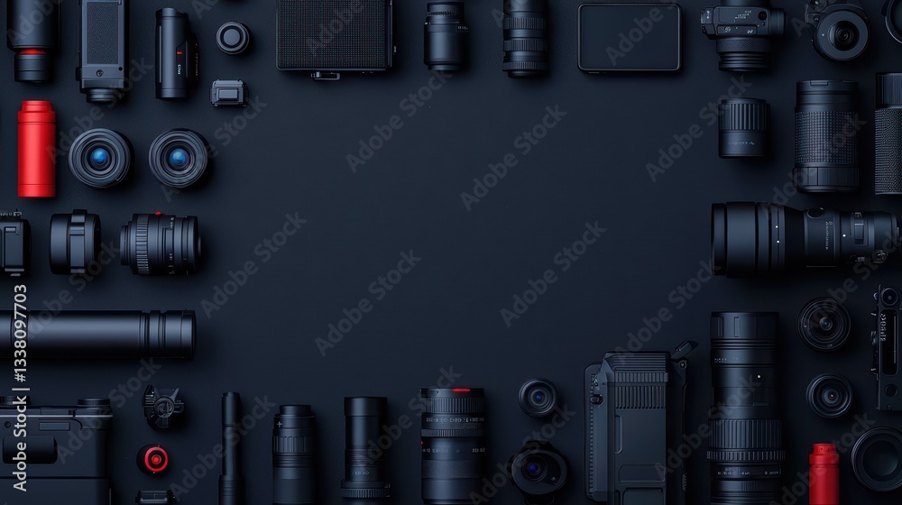 Obraz premium Arrangement of professional photography equipment on a dark background