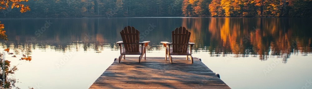 Fototapeta premium Tranquil lakeside dock with two empty Adirondack chairs, inviting relaxation and scenic views in nature's embrace.