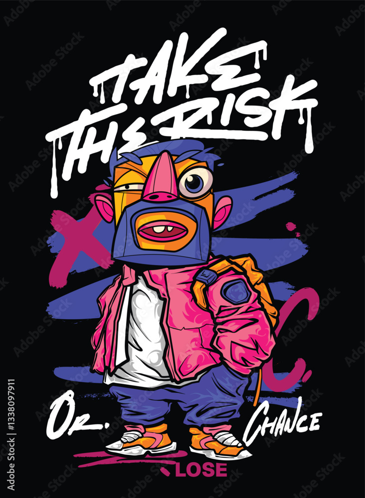 TAKE THE RISK A bold and edgy graffiti-style vector artwork featuring a streetwear-inspired character. The hand-drawn details, vibrant color palette, and modern urban aesthetic make it perfect for T-s TAKE THE RISK A bold and edgy graffiti-style vector artwork featuring a streetwear-inspired character. The hand-drawn details, vibrant color palette, and modern urban aesthetic make it perfect for T-s