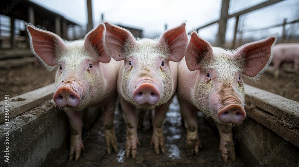 Agricultural Crops: Pigs in pig farms still eat from troughs. Food in the barn, healthy pigs, pig farm Agricultural Crops: Pigs in pig farms still eat from troughs. Food in the barn, healthy pigs, pig farm
