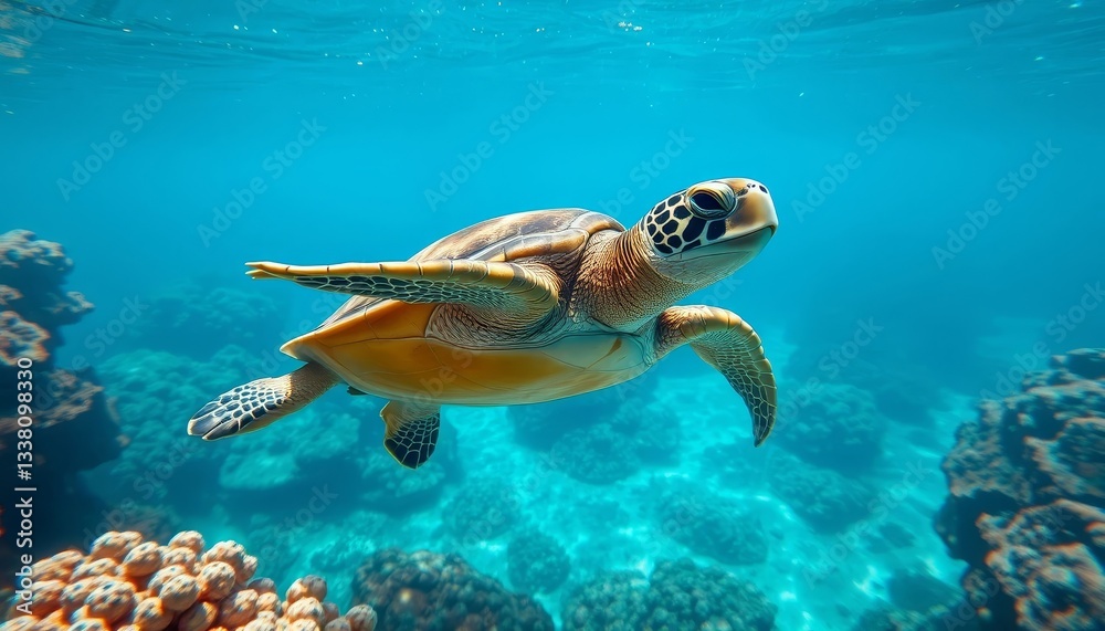 Obraz premium A graceful sea turtle glides effortlessly through vibrant underwater scenery, showcasing its intricate shell patterns and powerful flippers amidst a coral reef.