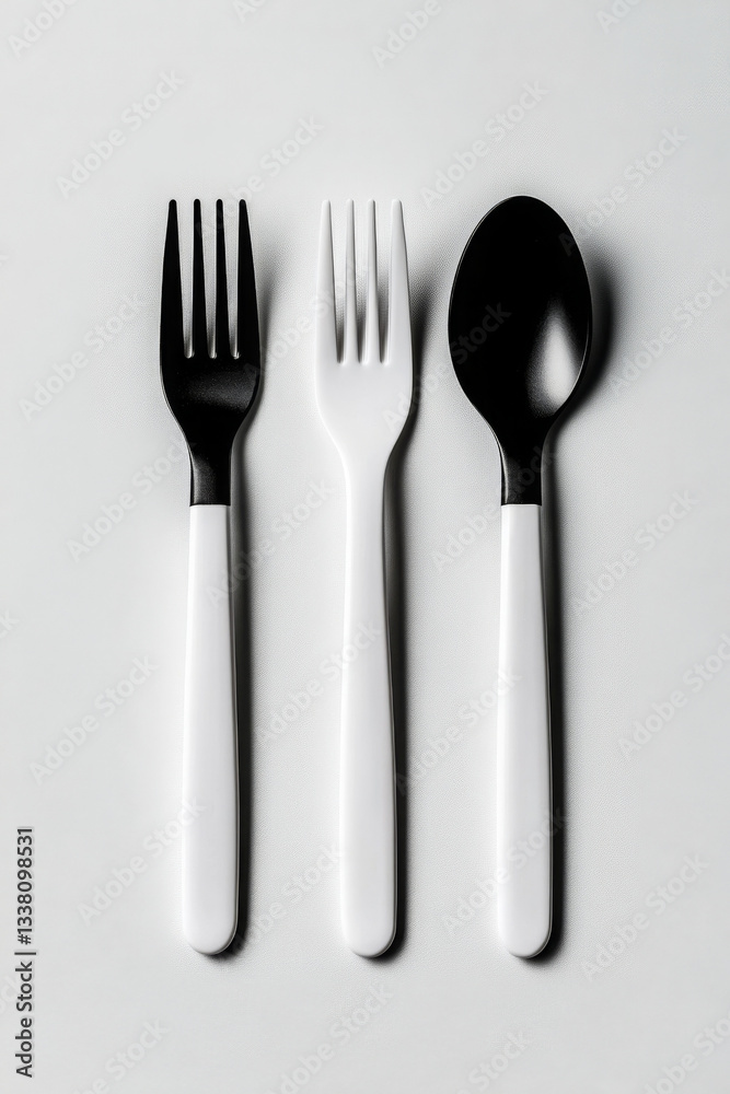 Minimalistic cutlery set featuring black and white forks and spoon, ideal for commercial Minimalistic cutlery set featuring black and white forks and spoon, ideal for commercial