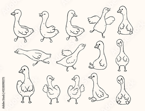 Playful and Whimsical Silly Goose Outline Clipart, Adorable Hand Drawn Doodle Set