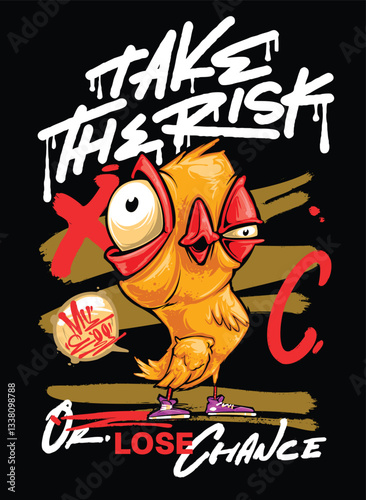 TAKE THE RISK A bold and edgy graffiti-style vector artwork featuring a streetwear-inspired character. The hand-drawn details, vibrant color palette, and modern urban aesthetic make it perfect for T-s