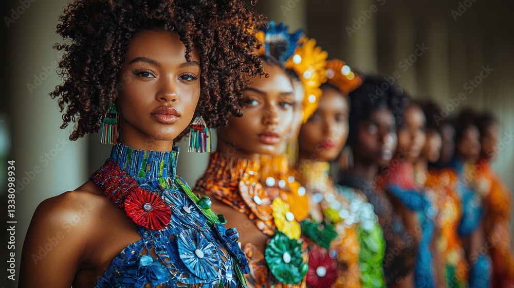 Fototapeta premium Diverse women in colorful mosaic attire.