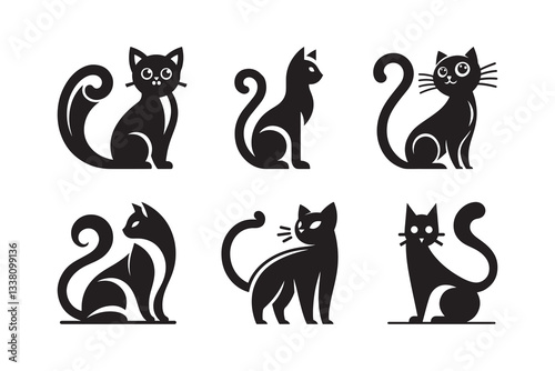Set of cartoon style Cat Silhouette icon , isolated on a white background