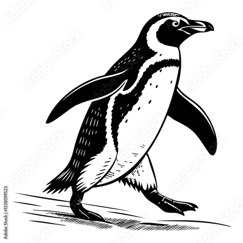 Stylized penguin illustration walking on icy ground