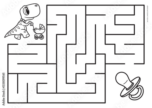Vector black line printable maze. Format A4. Coloring book educational maze with cute cartoon mom carrying baby in stroller looking for pacifier. Landscape size.