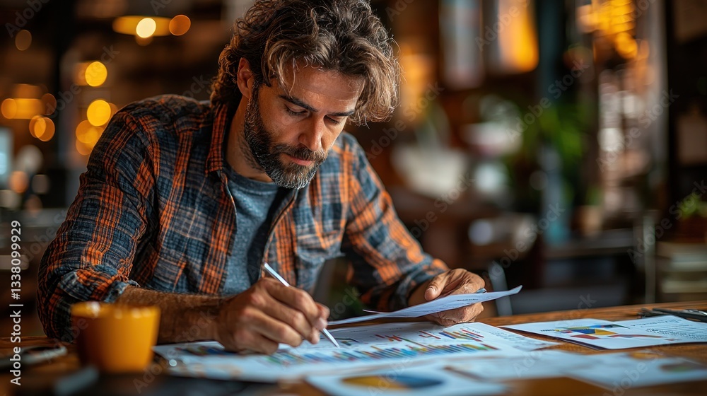 Obraz premium Focused man reviewing financial documents at a desk.
