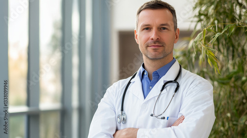Confident Male Doctor in White Coat with Stethoscope in Hospital