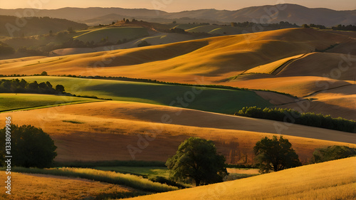 A panoramic view of golden fields and rolling hills bathed in the warm glow of the setting sun