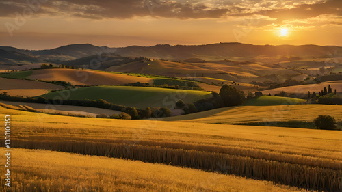 A panoramic view of golden fields and rolling hills bathed in the warm glow of the setting sun