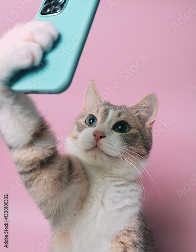Creative concept photo of pet domestic cat sitting on sofa couch holding using smartphone chating surfing internet taking selfie at cozy home interior.
