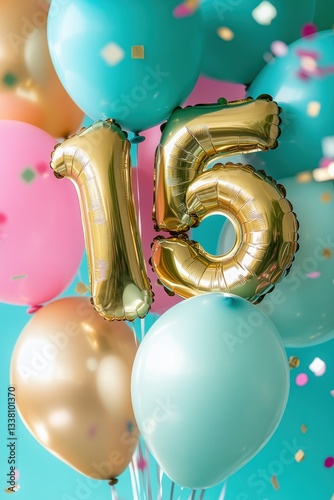 Celebration balloons with number 15, colorful party decorations, birthday party theme, festive atmosphere, vibrant colors, fun event, joyful moments.