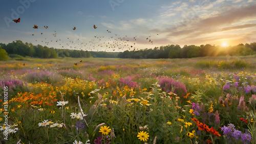 field of flowers, A vast open field covered in colorful wildflowers with butterflies and bees hovering around