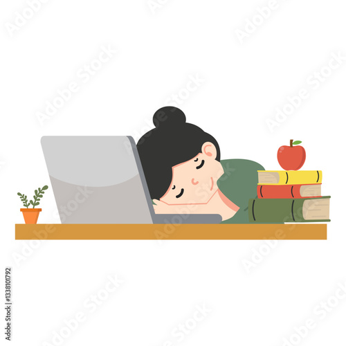 A tired woman sleeping at the office